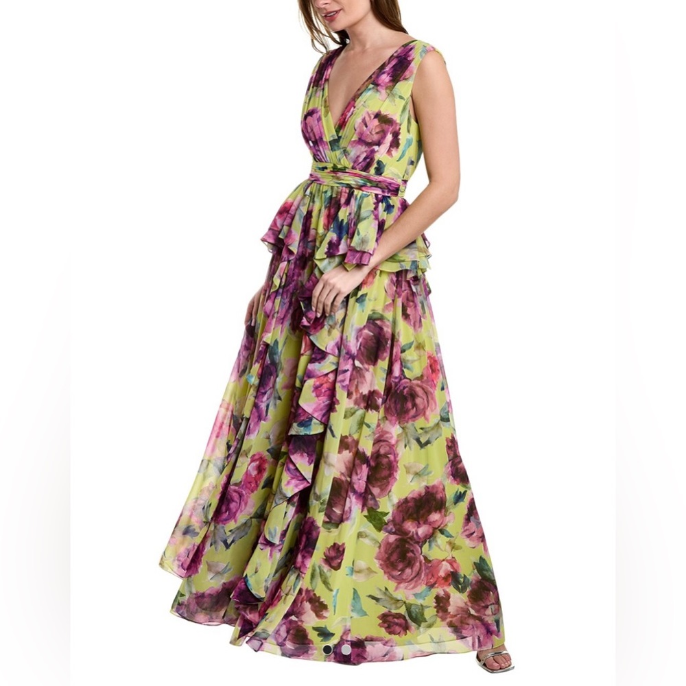 NEW BADGLEY MISCHKA Yellow Multi Floral Ruffle V-neck Gown, Size 0